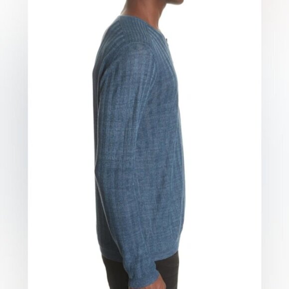 John Varvatos Collection | Ribbed Linen Henley in Sapphire Blue - Picture 9 of 10